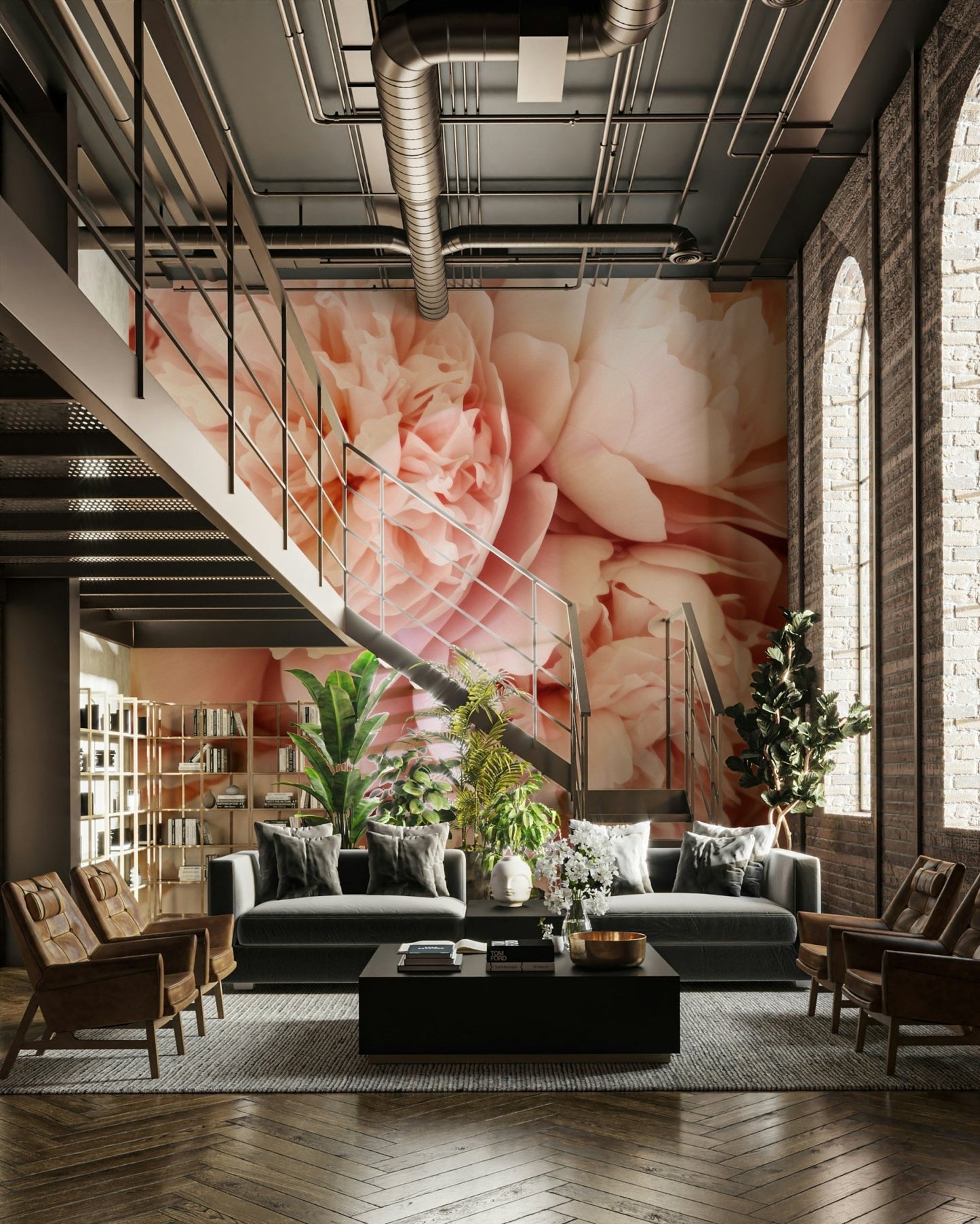Close-up of pink floral mural wallpaper texture

