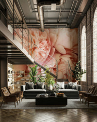 Close-up of pink floral mural wallpaper texture

