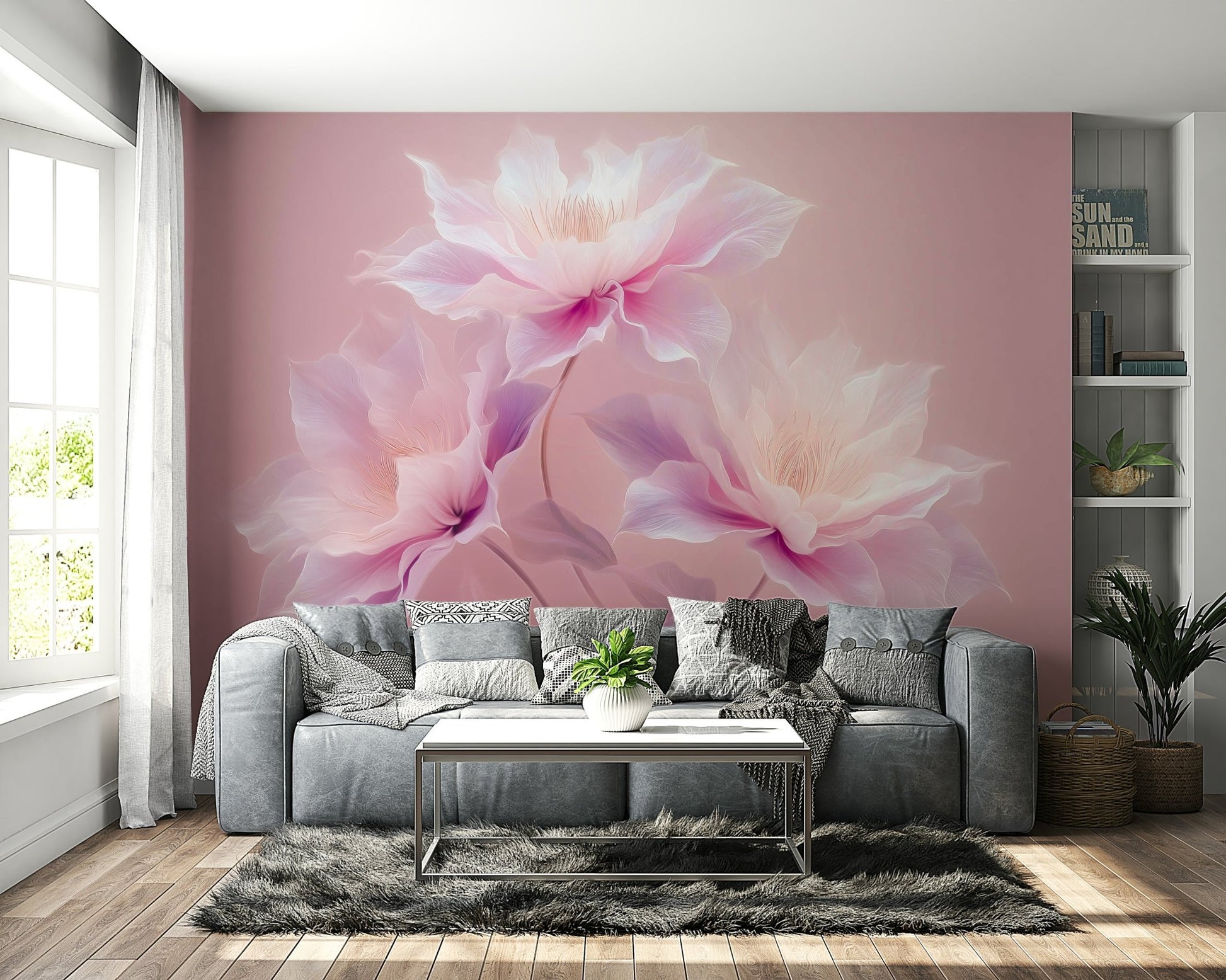 Wall mural with flowing pink flowers, GD2396