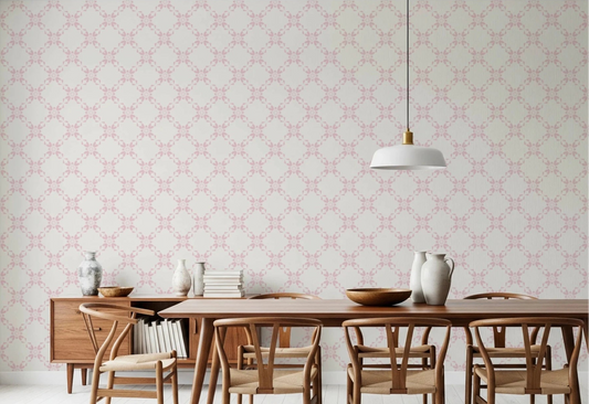 Dining area styled with Pink Petal Lattice Wallpaper in a soft repeating floral pattern