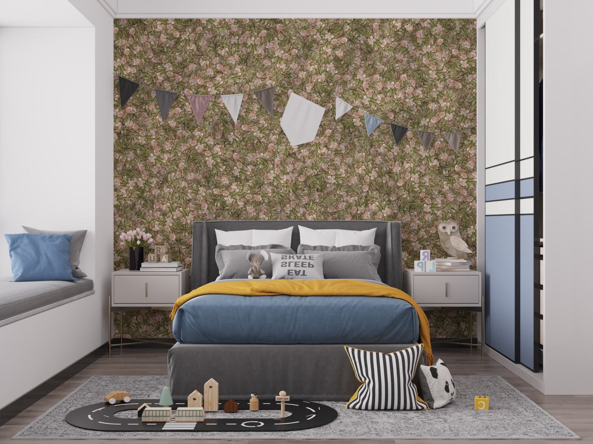 Vibrant flowers and leaves wallpaper mural in watercolor style

