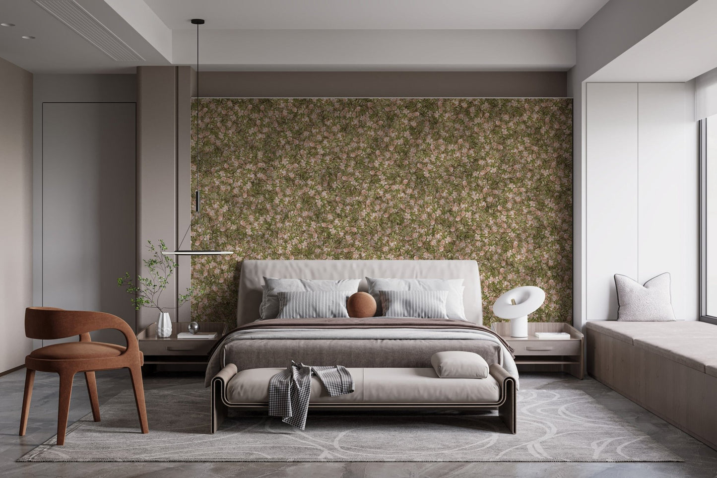Watercolor flower and leaf pattern mural for interiors
