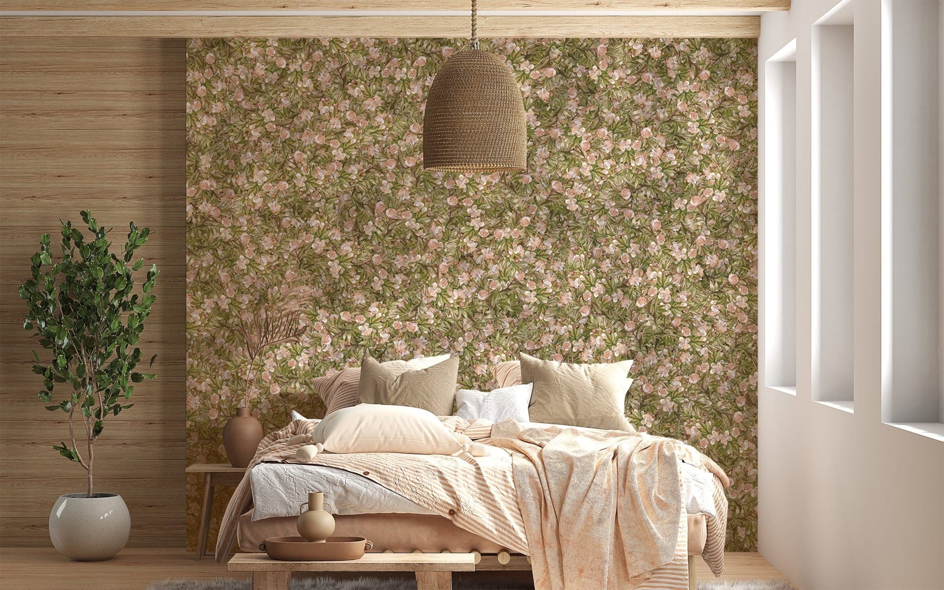 Soft watercolor flower and green leaf wallpaper design
