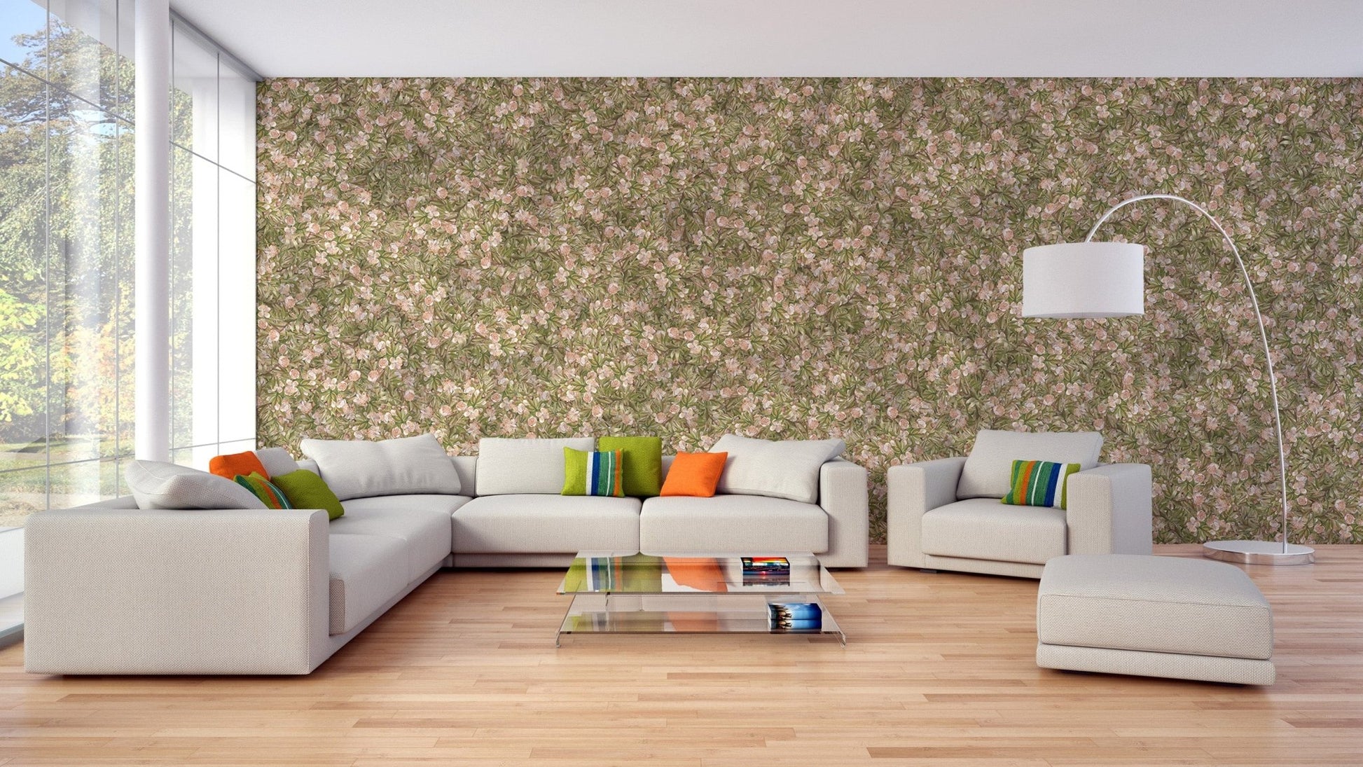 Stylish floral and green leaf wall mural in watercolor
