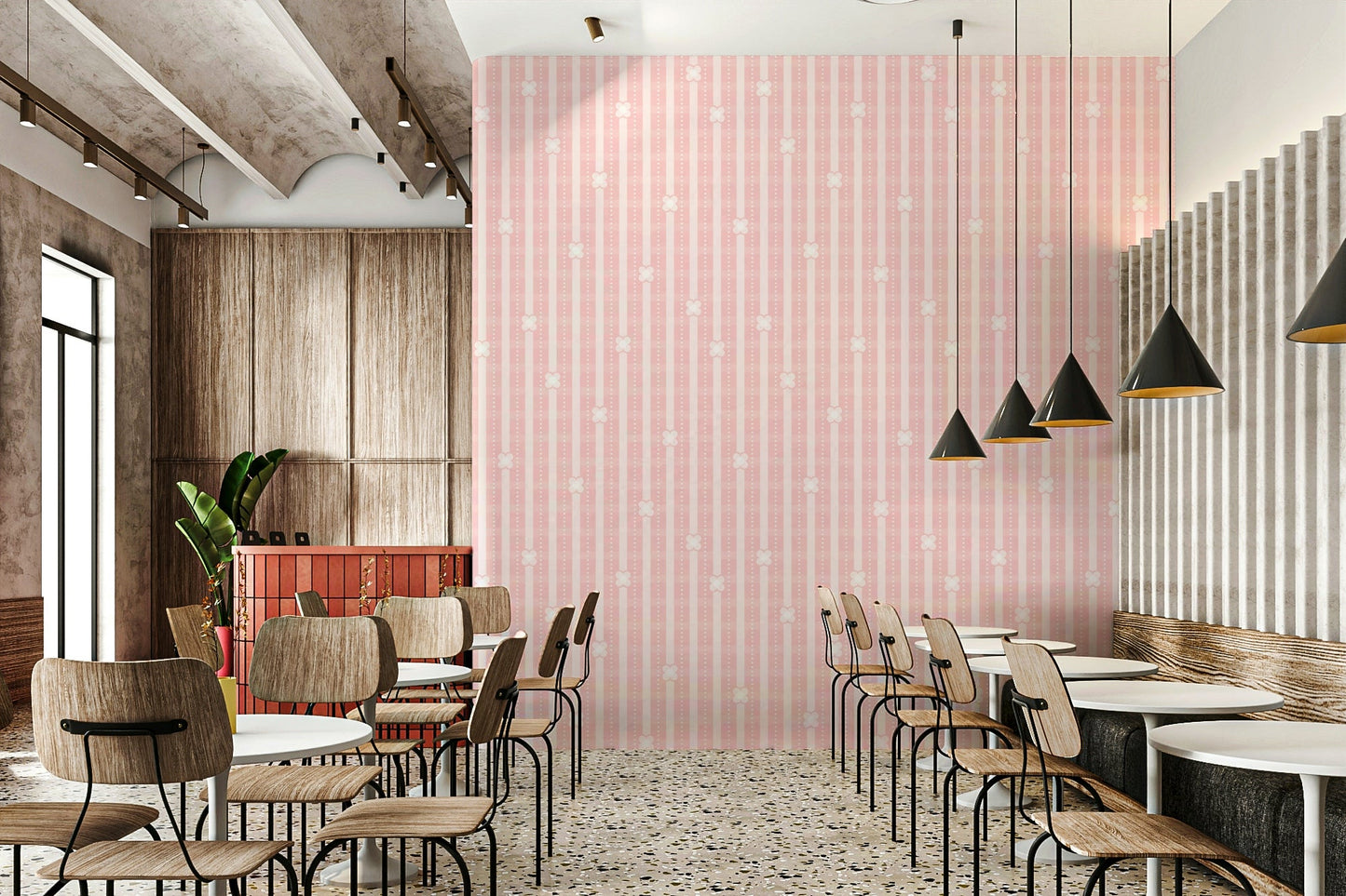Vertical stripes and petals texture in the Pink Petals & Stripes Wallpaper.