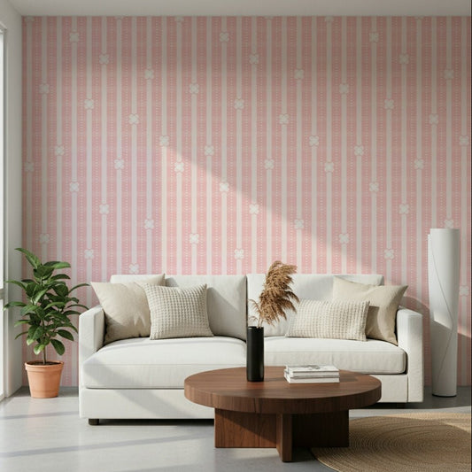 Full view of a stylish nursery with Pink Petals & Stripes Wallpaper., GD6223