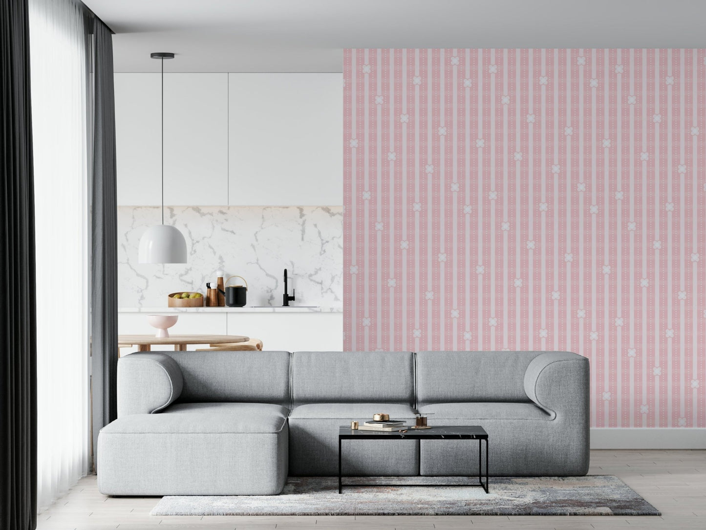 Pink Petals & Stripes Wallpaper accent wall behind a white crib.