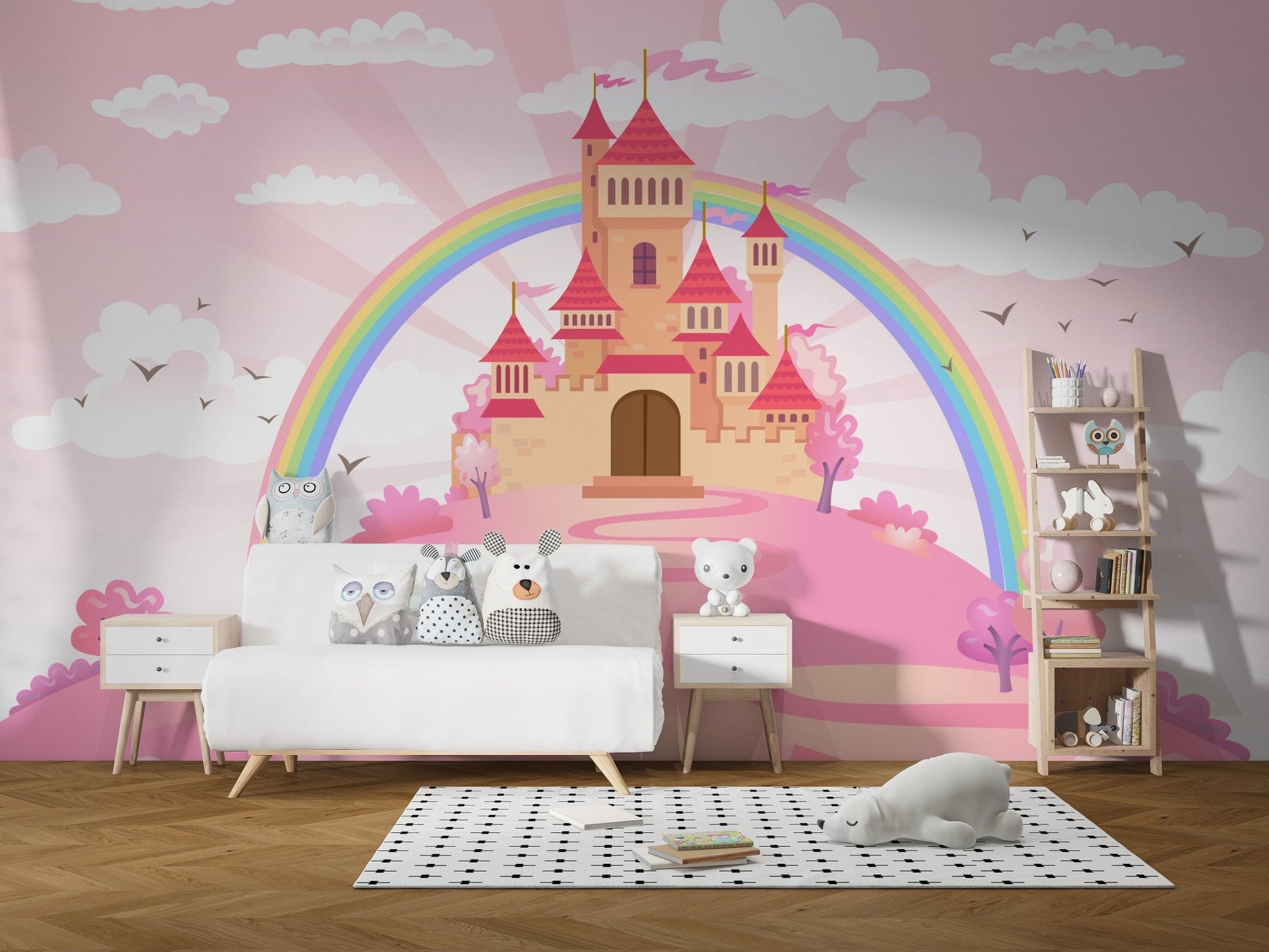 Pink Castle Girls Wallpaper with soft clouds and rainbows.