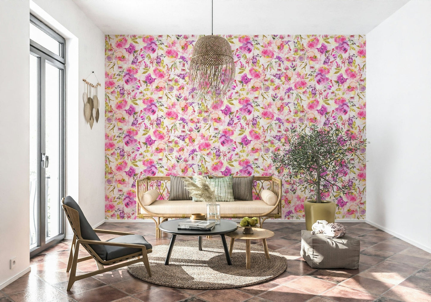 Wall mural, romantic pink and violet floral texture.