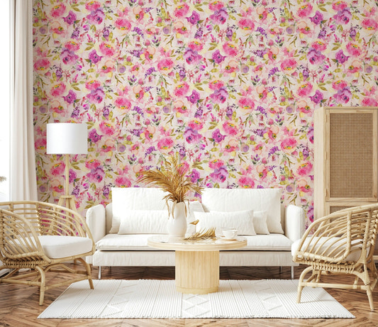 Wall covering, Pink & Purple Watercolor Florals, artistic decor.