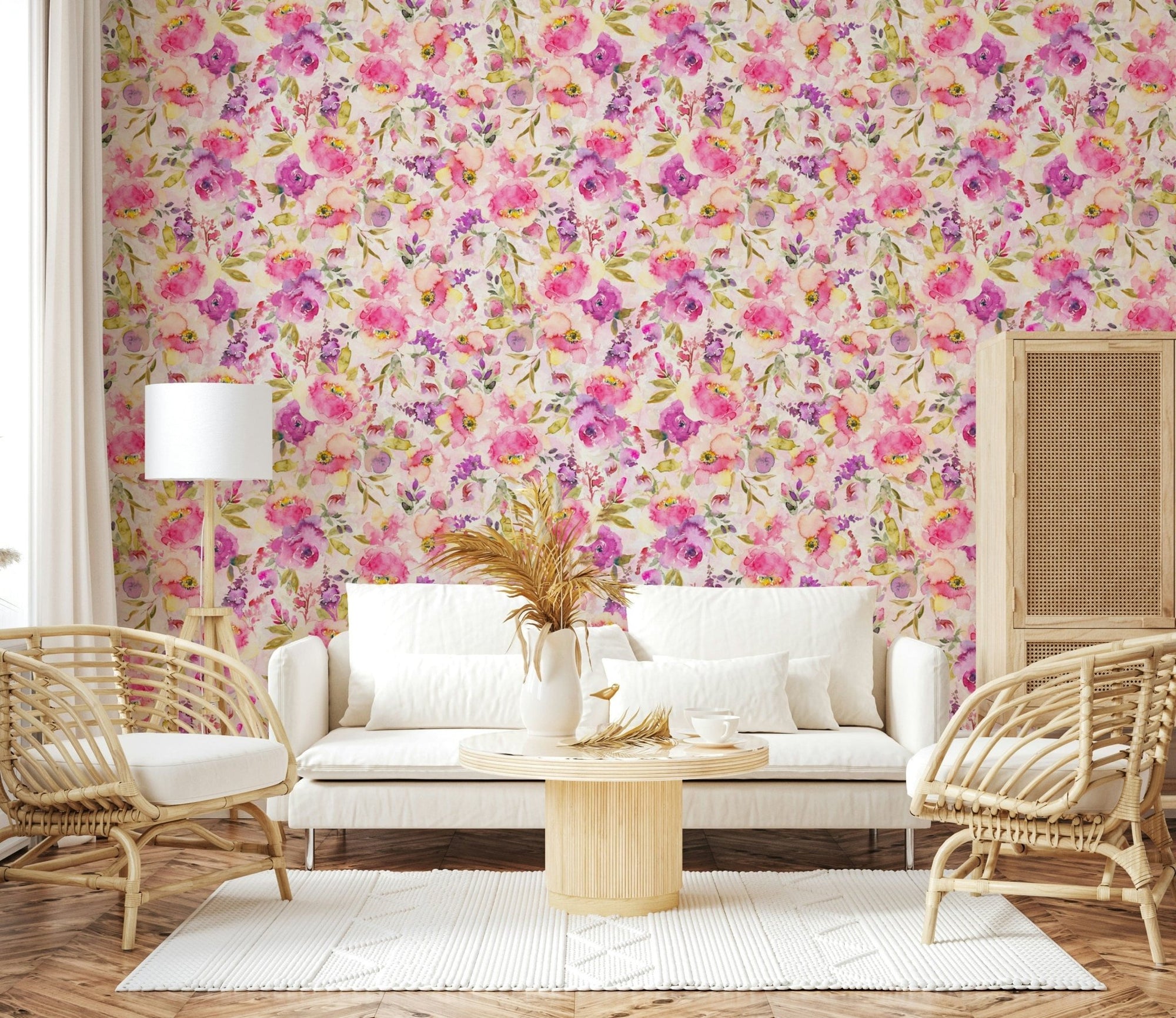 Wall covering, Pink & Purple Watercolor Florals, artistic decor., GD7170