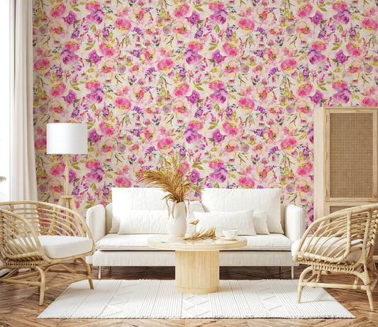 Wall covering, Pink & Purple Watercolor Florals, artistic decor.