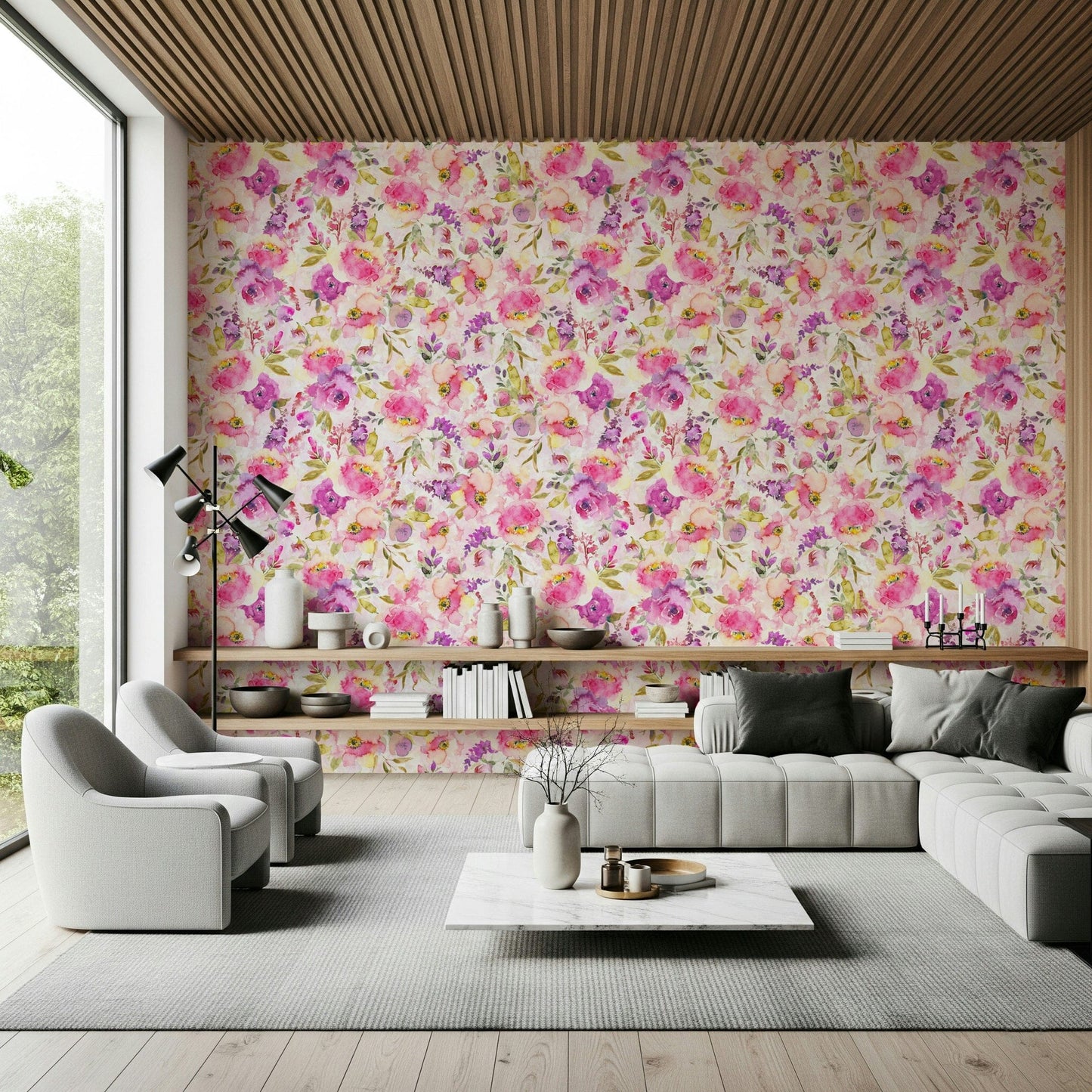 Peel and stick wallpaper, bright Pink & Purple Florals print.