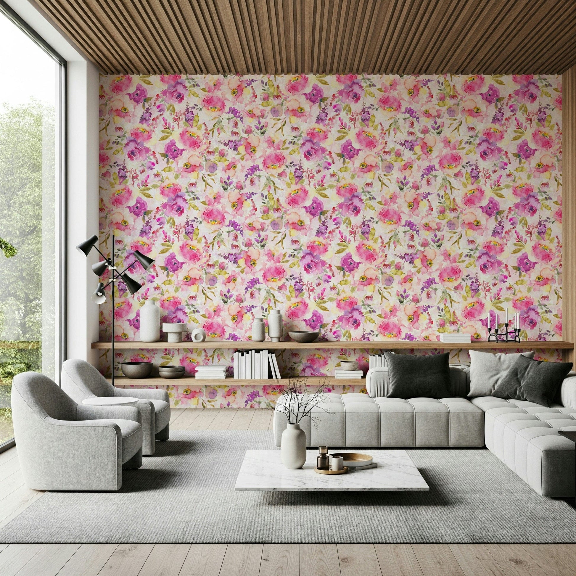 Peel and stick wallpaper, bright Pink & Purple Florals print.