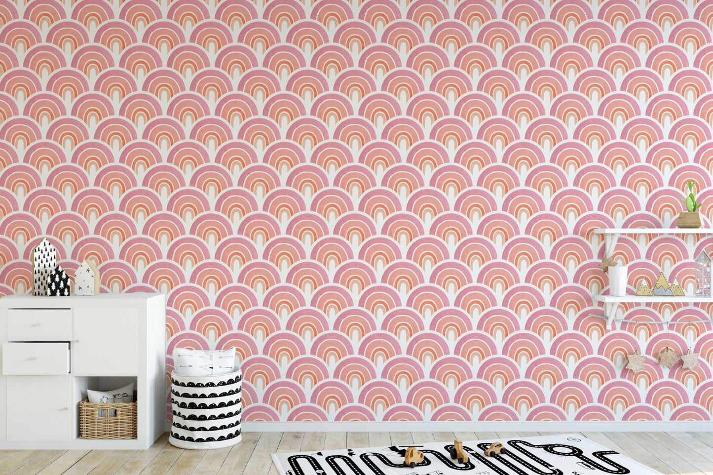 Pink rainbow wallpaper for kids' room