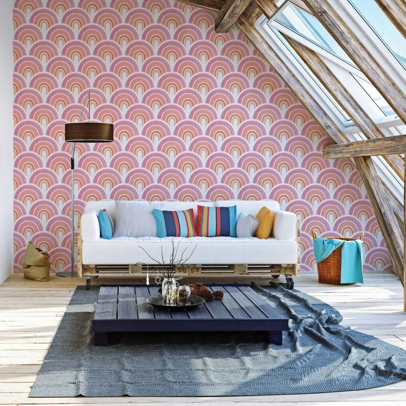 Whimsical kids' wallpaper with rainbows