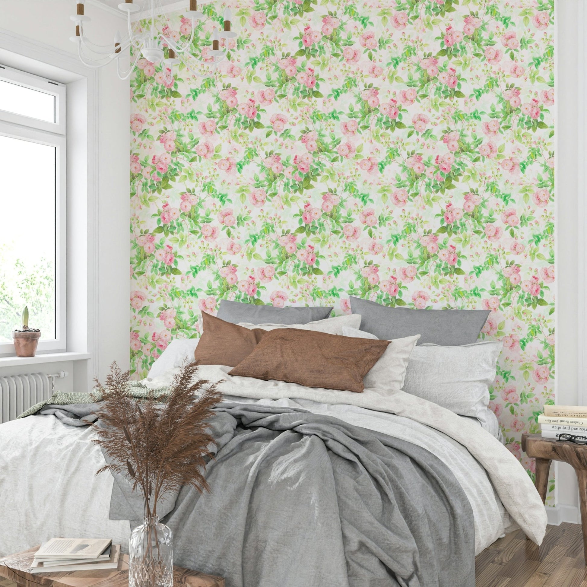 Classic pink watercolor rose wallpaper for timeless decor.

