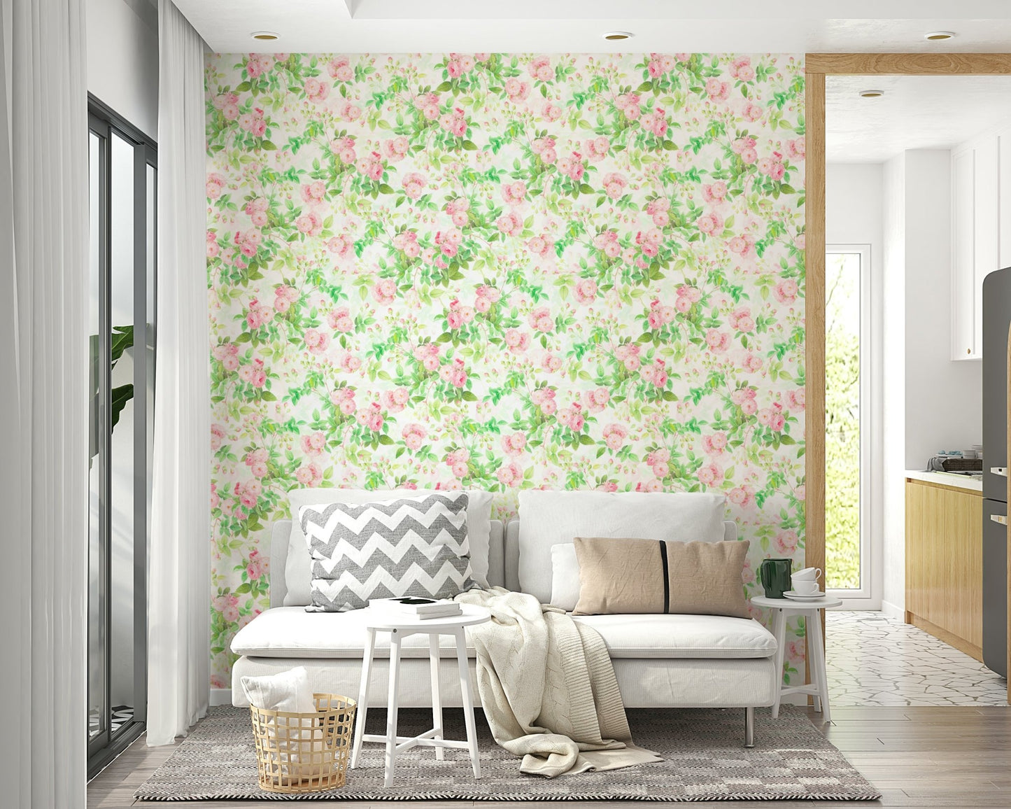 Feminine pink rose watercolor mural for chic spaces.

