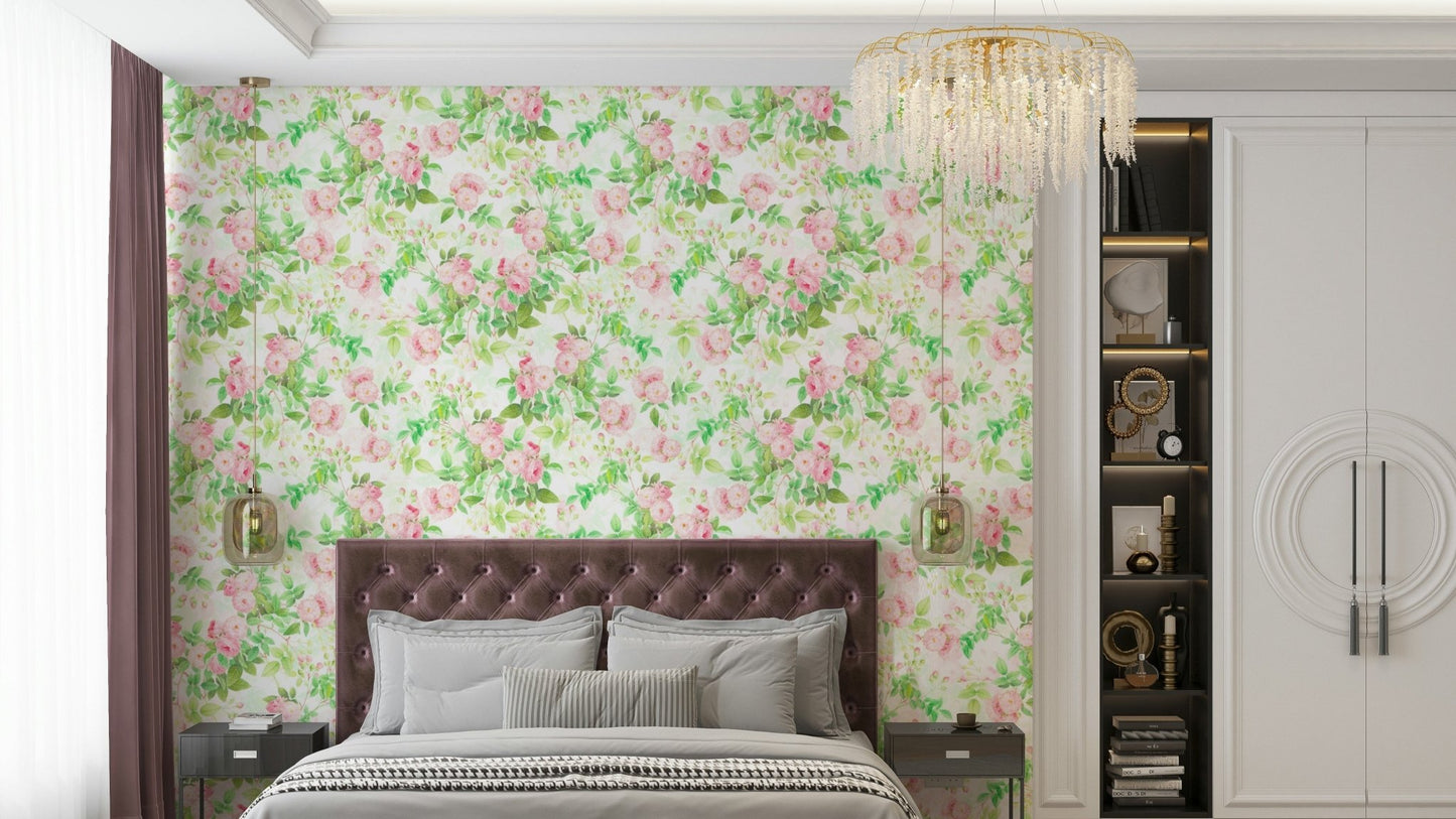 Dreamy pastel pink watercolor rose wallpaper for interiors.

