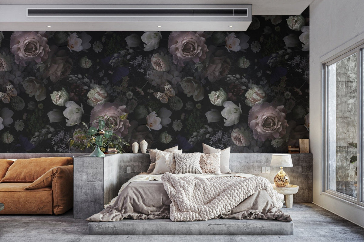 Pink Roses & Dark Floral Wallpaper Mural Decor for Bedrooms