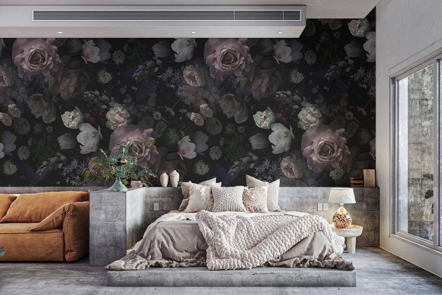 Moody mural of pink roses and wildflowers for bedroom
