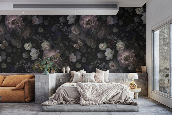Moody mural of pink roses and wildflowers for bedroom flowers-09

