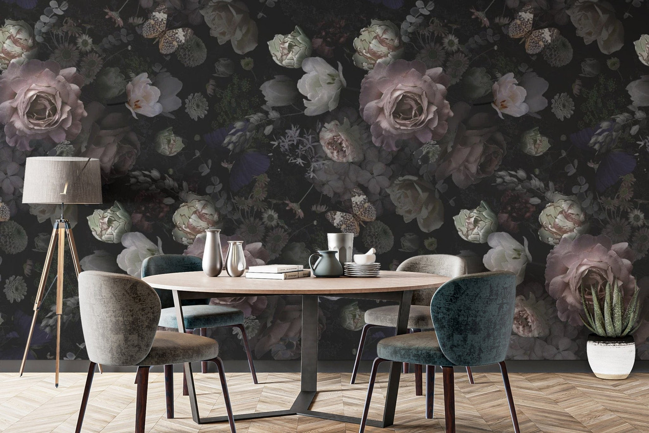 Pink roses mural with dramatic dark backdrop
