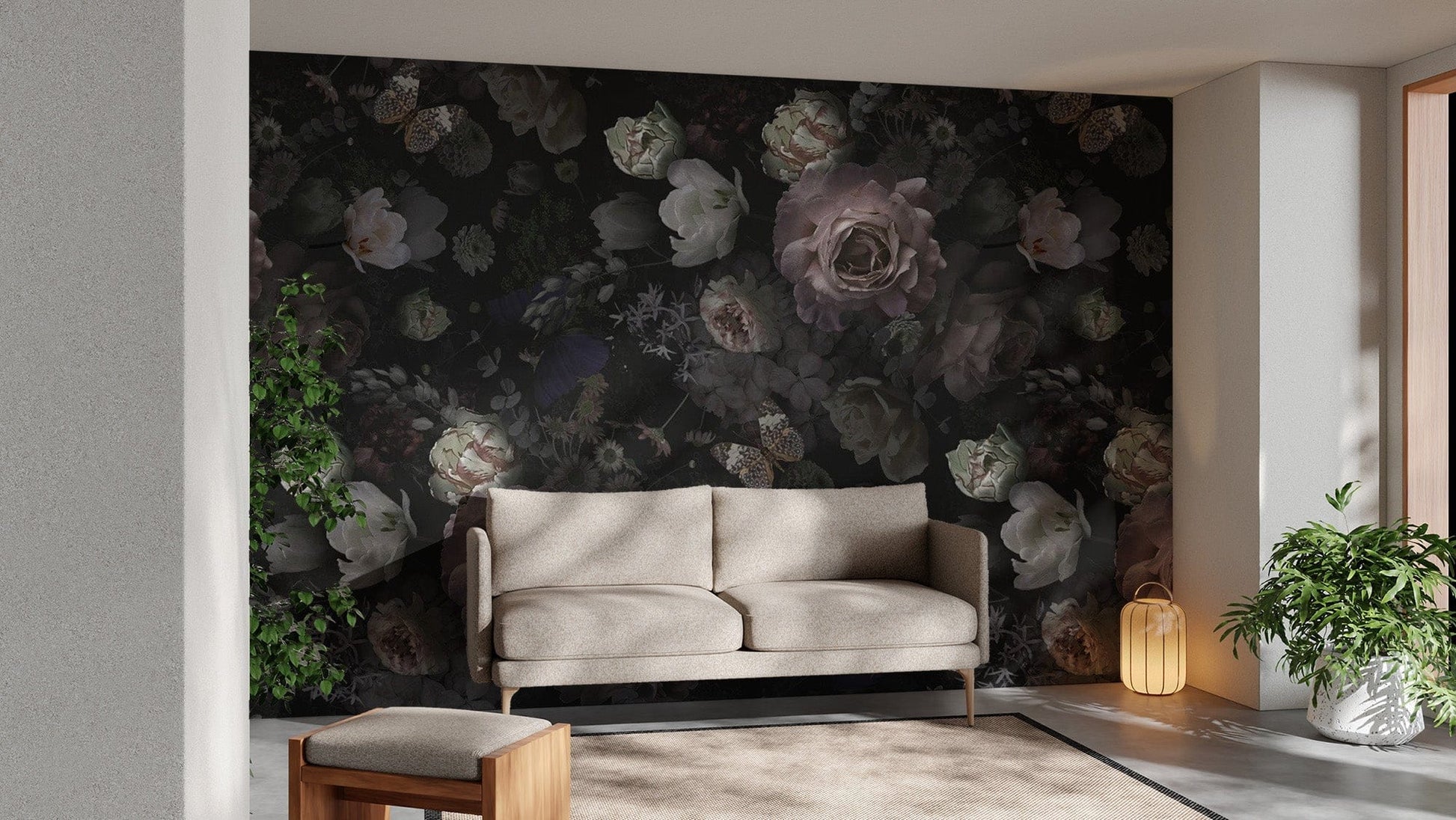 Pink Roses and Dark Wild Flowers Wallpaper Mural - Giffywalls