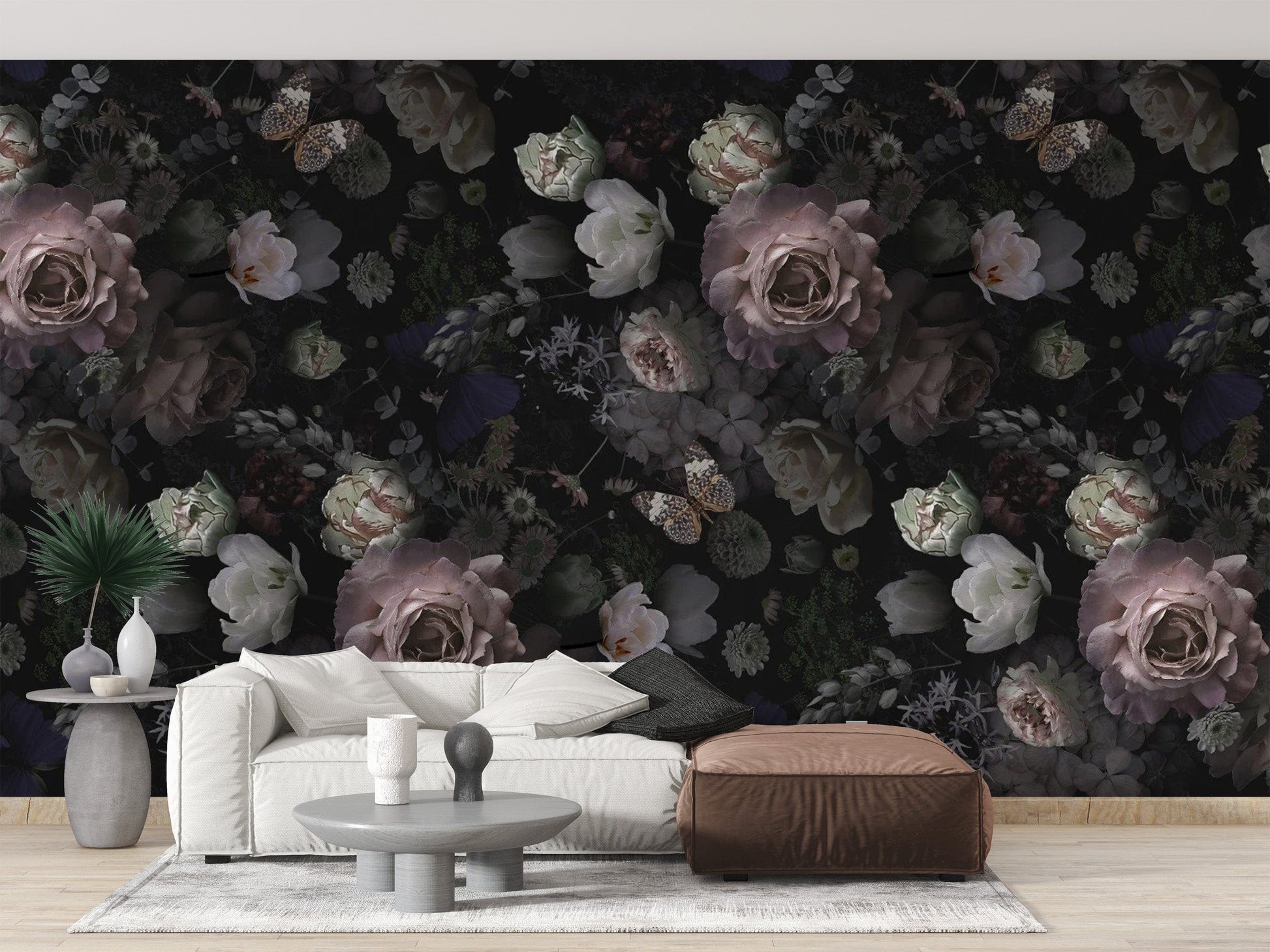 Pink Roses and Dark Wild Flowers Wallpaper Mural - Giffywalls