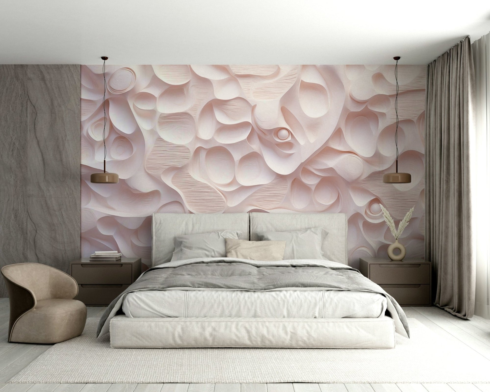 A wall mural of a sculpted pink surface. GD3491

