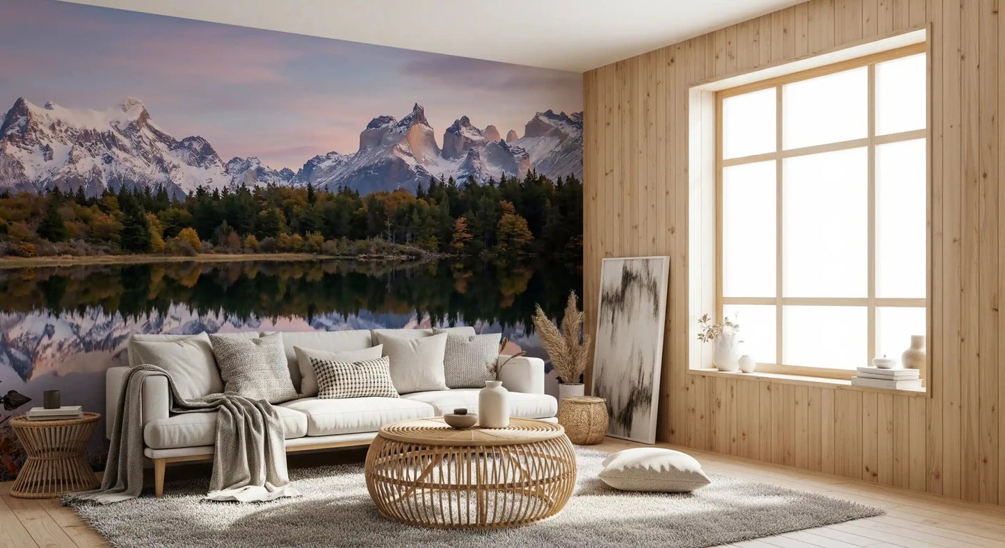 A pale pink and lavender dawn fills the sky of Pink Sky Mountain Reflection wall mural.GD9604