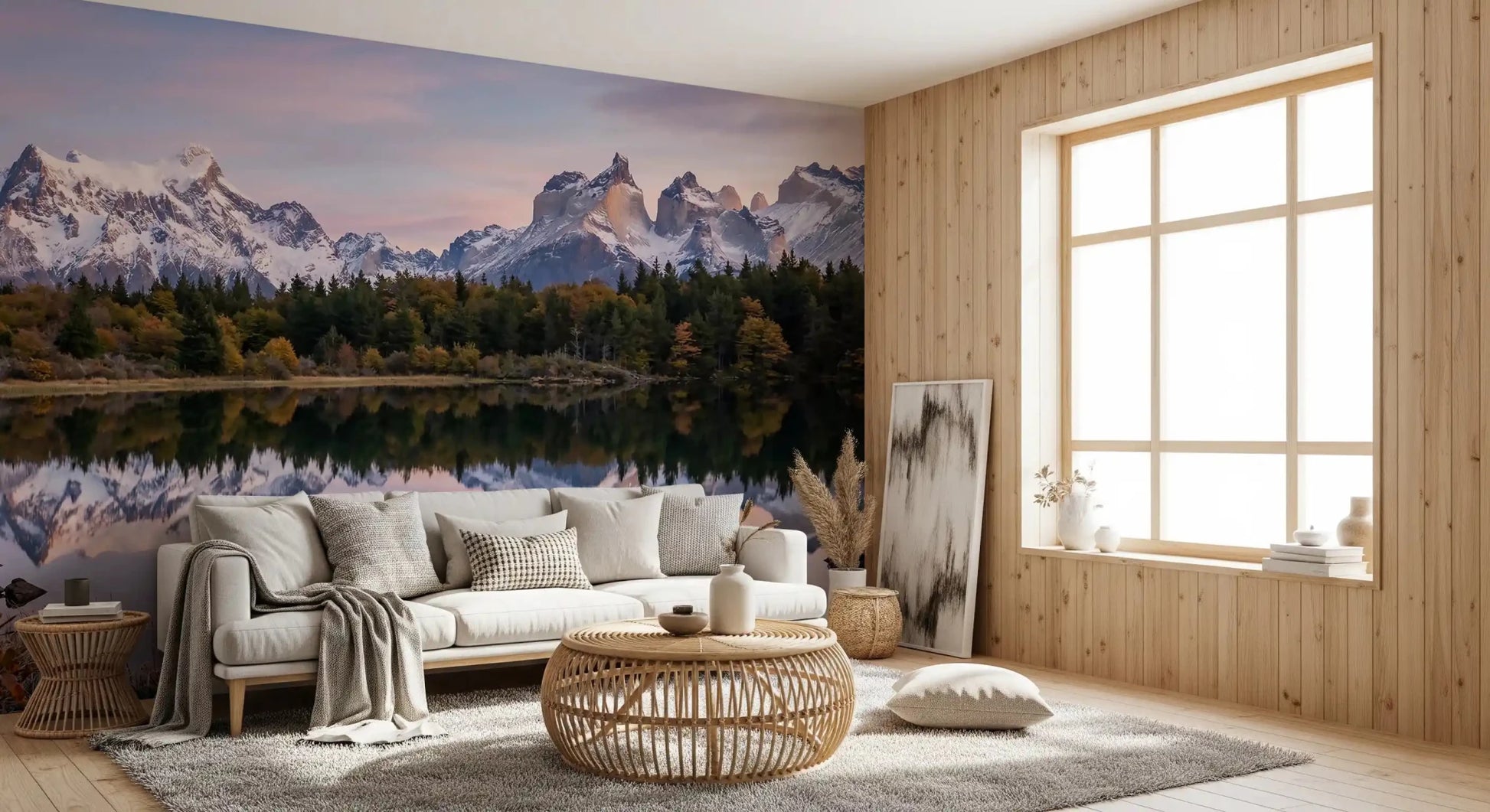 A pale pink and lavender dawn fills the sky of Pink Sky Mountain Reflection wall mural.GD9604