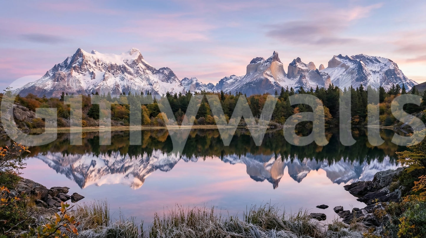 Sharp granite peaks rise above evergreen treelines in Pink Sky Mountain Reflection wall mural.GD9604