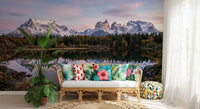 A Lounge area  becomes a mirror-lake scene with Pink Sky Mountain Reflection wall mural .GD9604