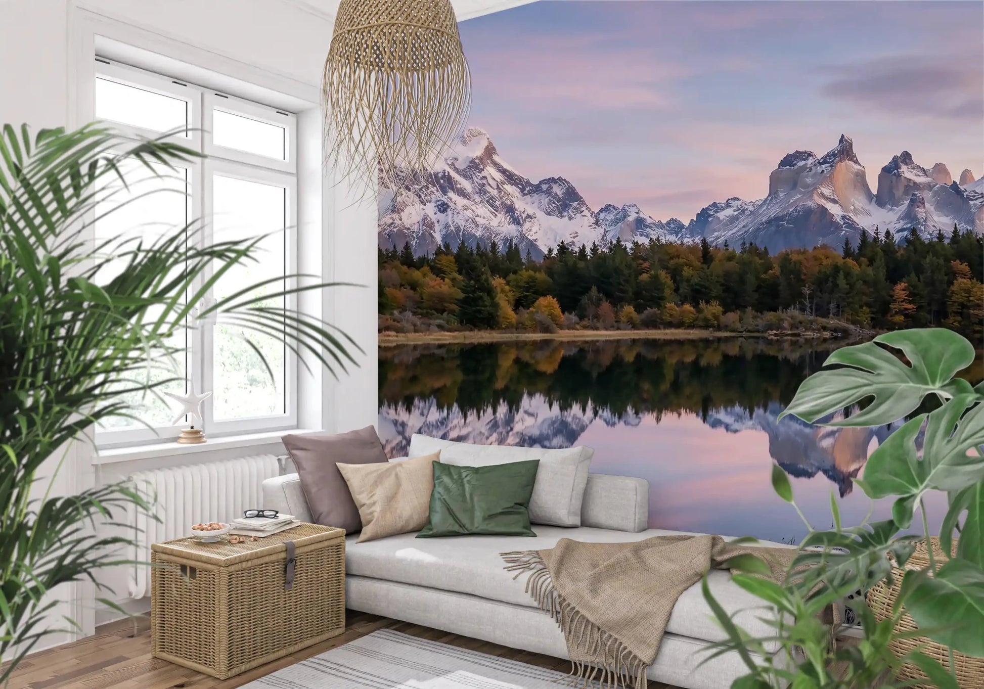 Snow peaks and pink dawn skies anchor the lounge from Pink Sky Mountain Reflection wall mural.GD9604