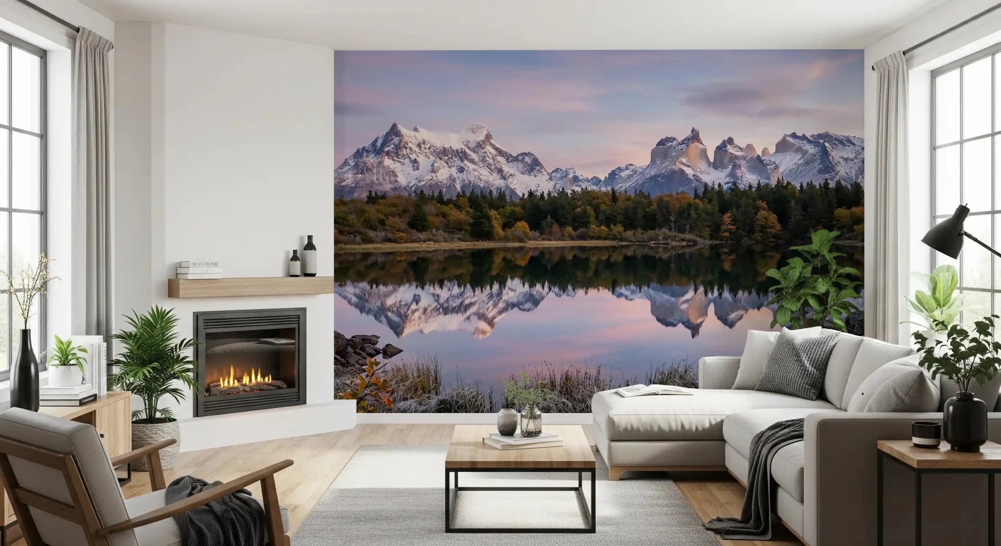 Above the Living room, Pink Sky Mountain Reflection wall mural opens onto autumn forest detail.GD9604