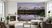 Above the Living room, Pink Sky Mountain Reflection wall mural opens onto autumn forest detail.GD9604