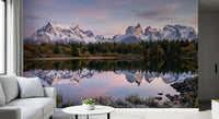 Along the shoreline, Pink Sky Mountain Reflection wall mural lines autumn forest trees.GD9604
