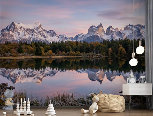 Pink Sky Mountain Reflection wall mural turns the Nursery into a wide lake view.GD9604