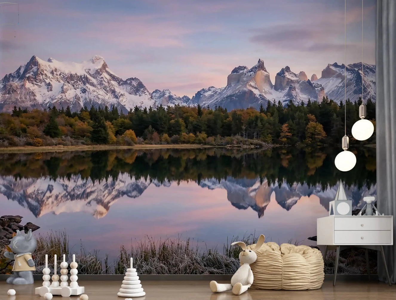 Pink Sky Mountain Reflection wall mural turns the Nursery into a wide lake view.GD9604