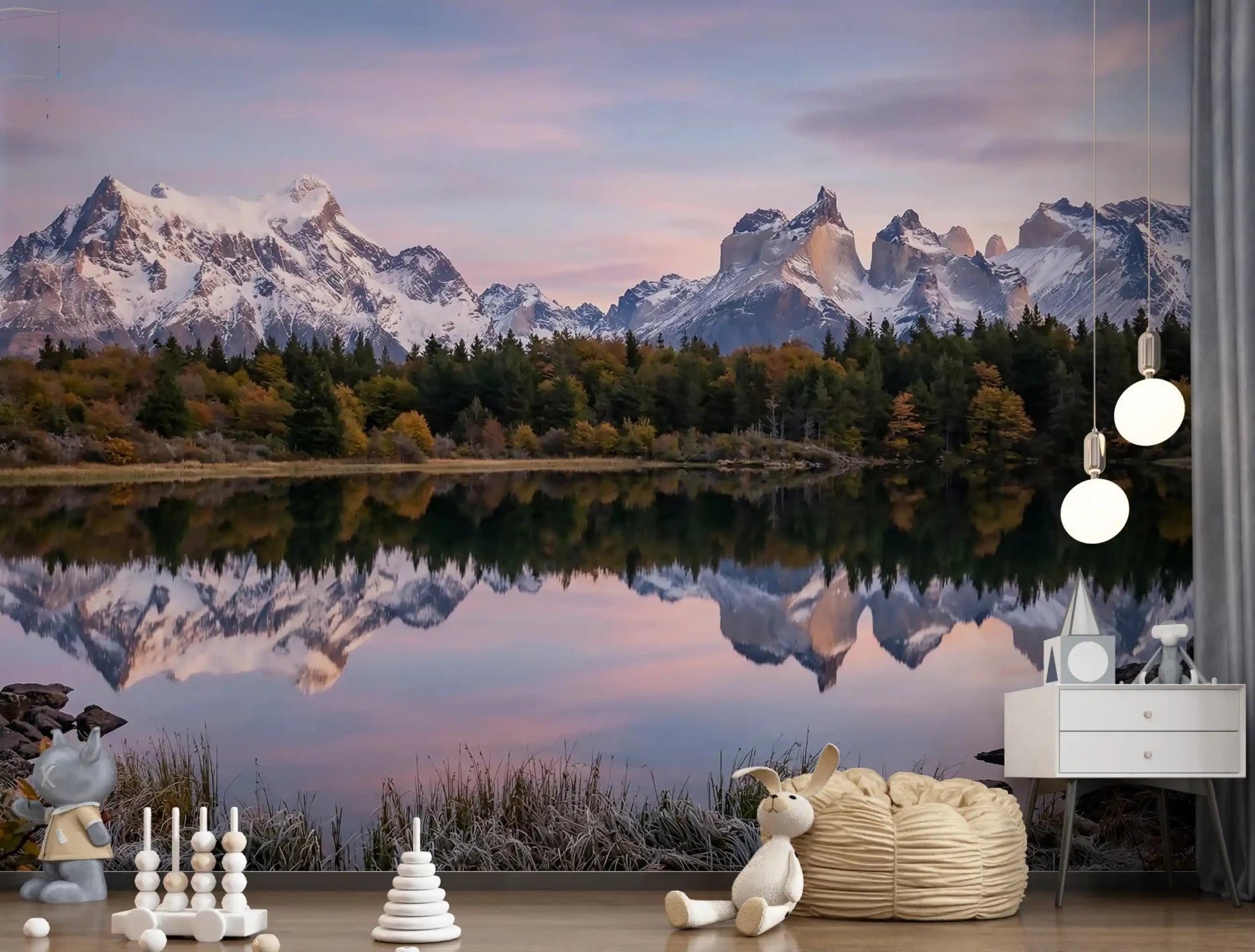 Pink Sky Mountain Reflection wall mural turns the Nursery into a wide lake view.GD9604