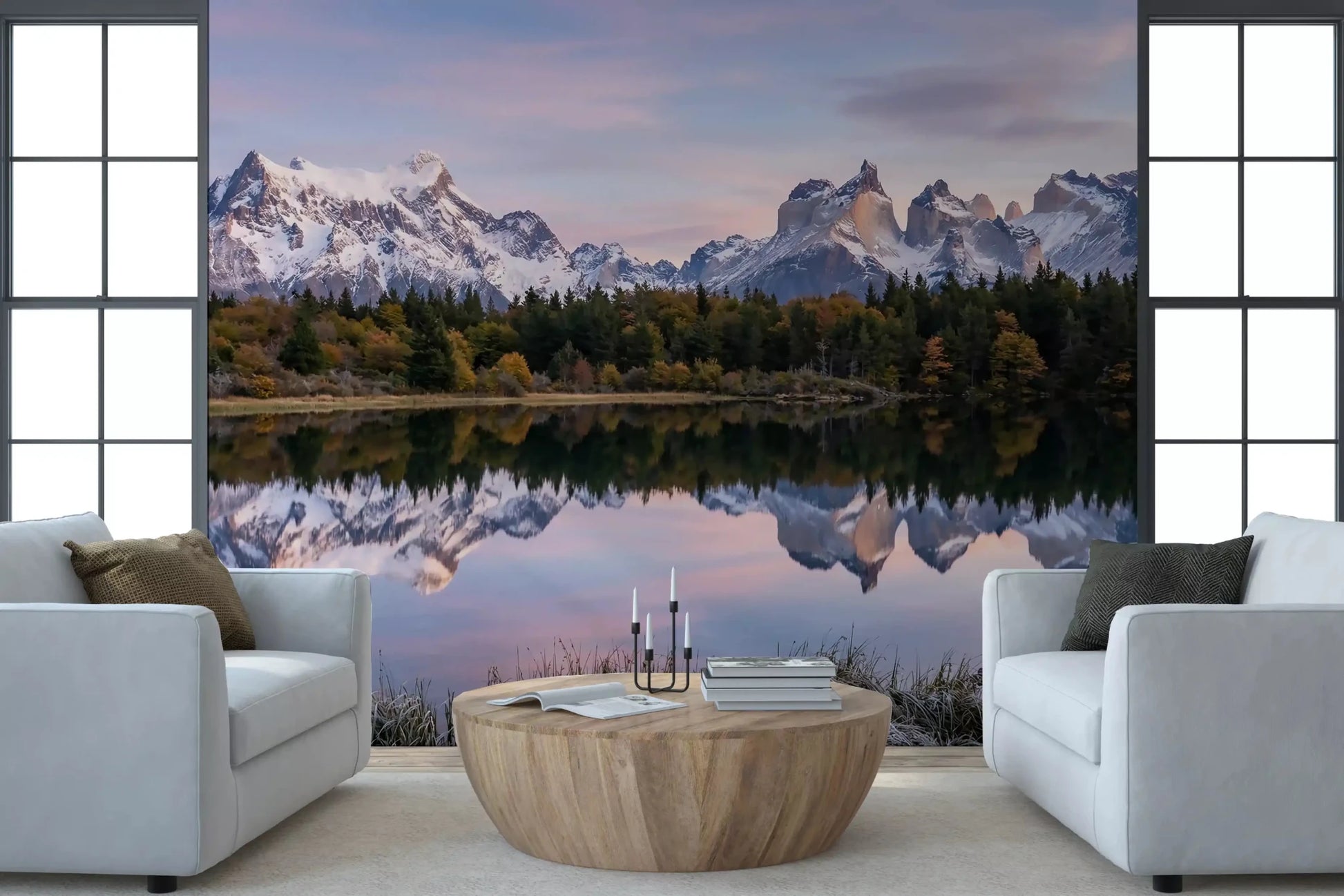 Pink Sky Mountain Reflection wall mural cools the Sofa living room .GD9604