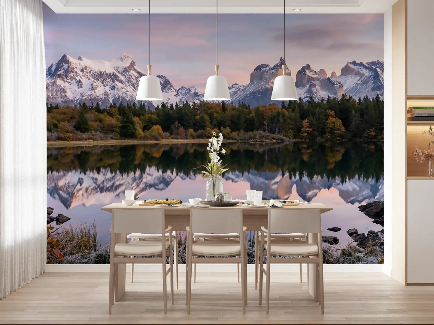 Pink Sky Mountain Reflection wall mural shows snow peaks mirrored on a glassy lake.GD9604