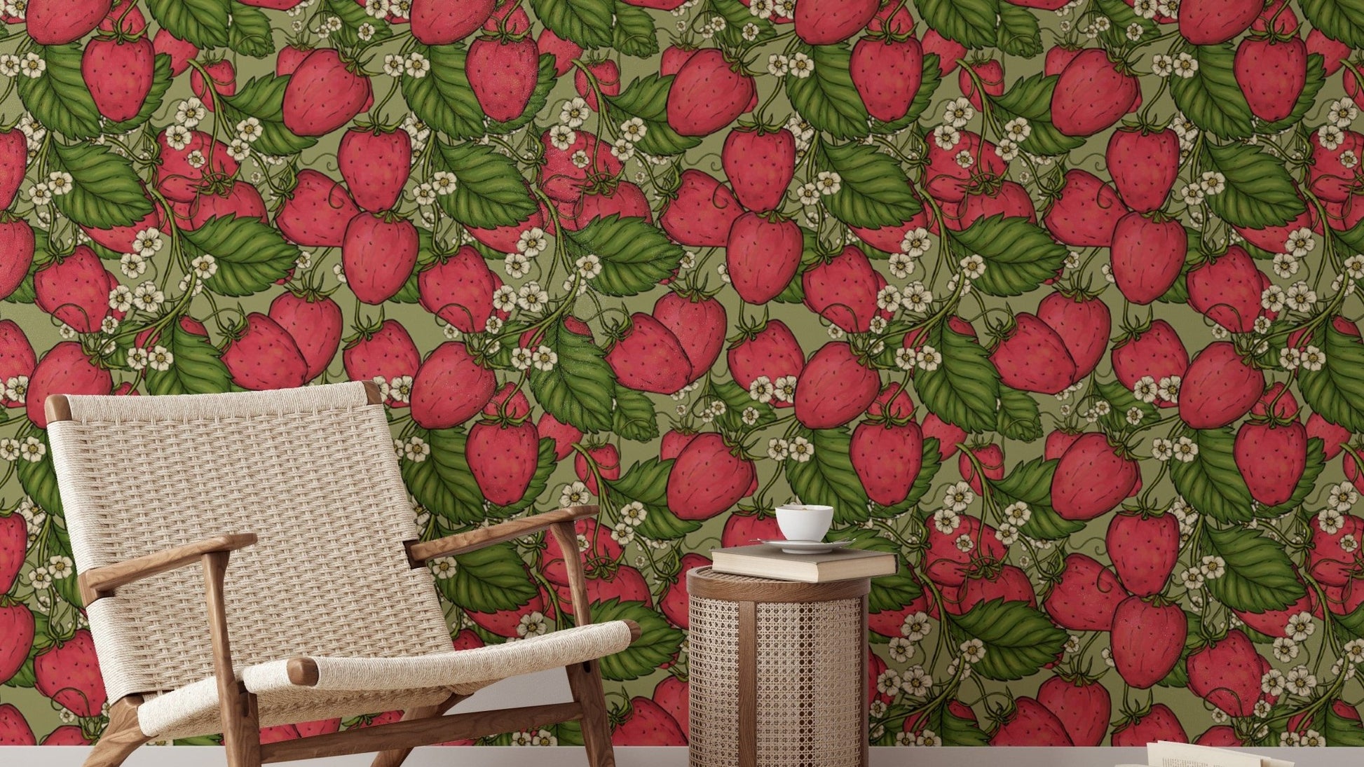 Artistic pink strawberry forest wallpaper for unique wall decor.
