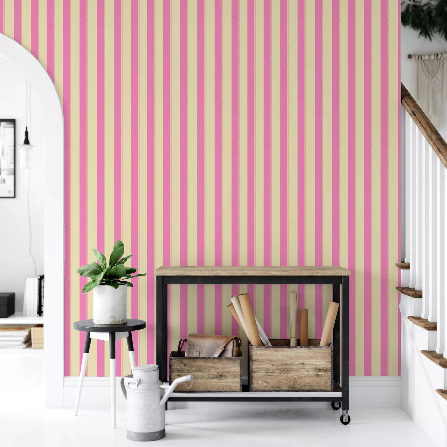 Hallway corner finished in Pink Stripe Delight Wallpaper for a cosy living space, GD8902