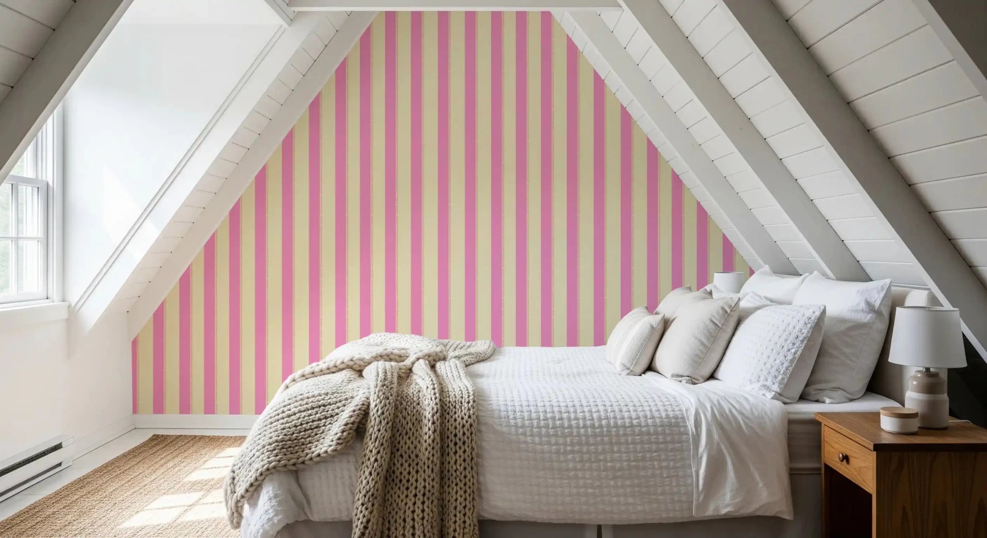 Bedroom of Pink Stripe Delight Wallpaper in pink and beige vertical stripes, GD8902