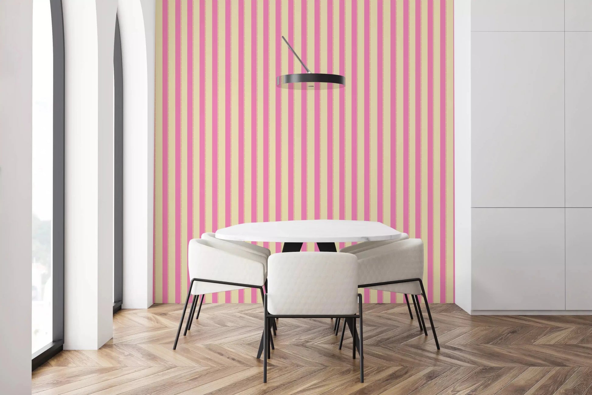 Pink Stripe Delight Wallpaper framing a round café table in a bright dining nook, GD8902