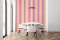 Pink Stripe Delight Wallpaper framing a round café table in a bright dining nook, GD8902