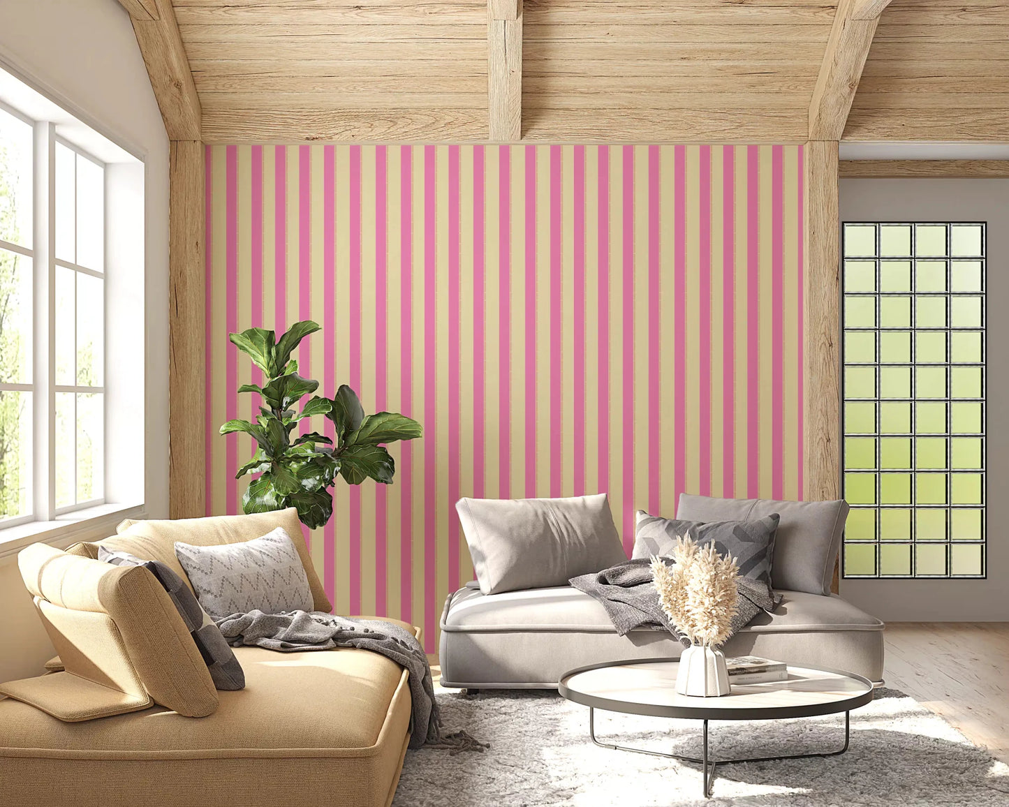 Pink Stripe Delight Wallpaper adding soft stripes to an airy neutral living room, GD8902