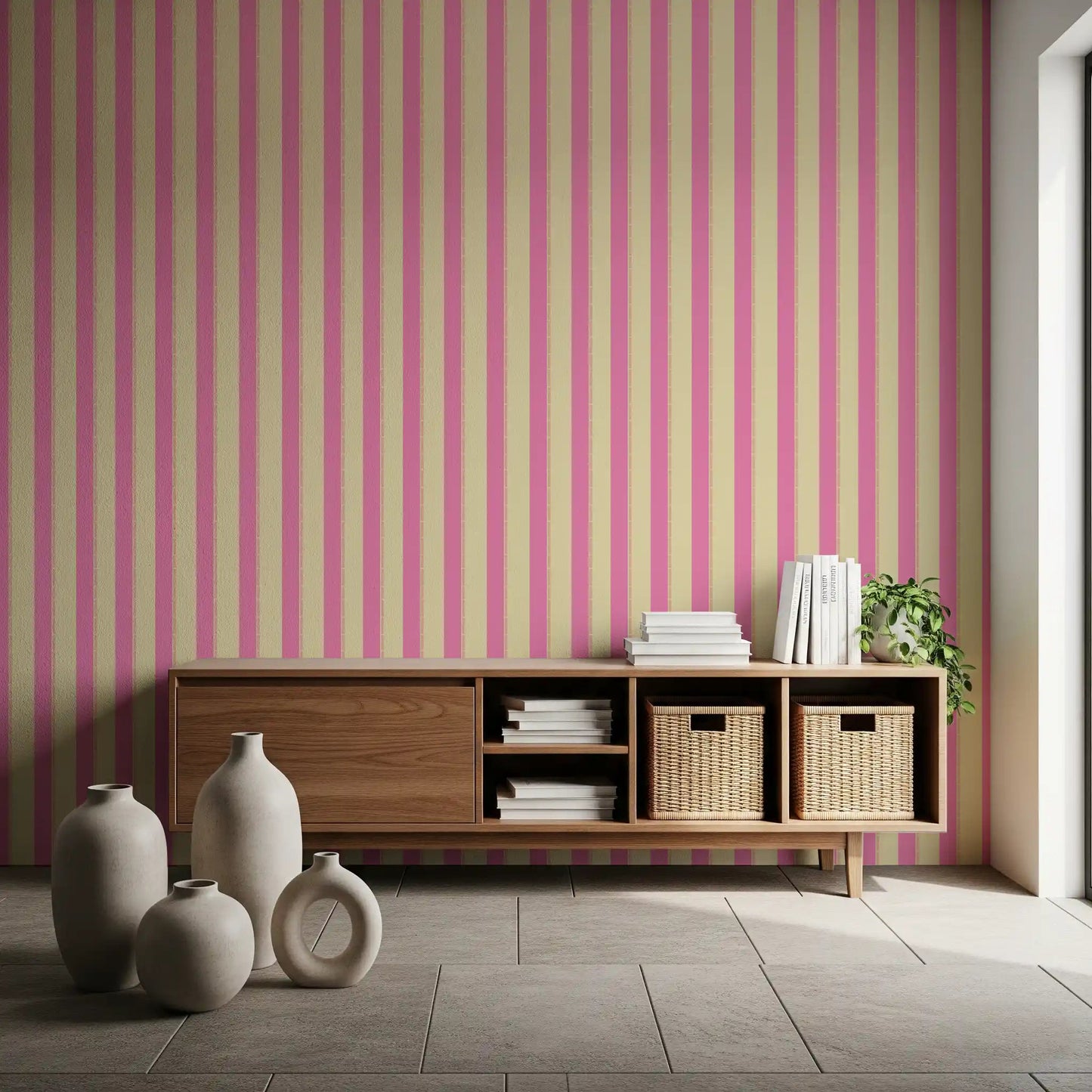 Hallway corner with Pink Stripe Delight Wallpaper and a warm peach sofa, GD8902